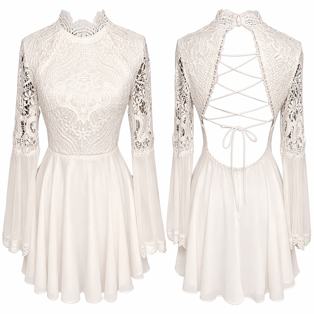 Two Sisters The Label White Lace Dress XS Open Back Lace Up Bell Sleeve Boho